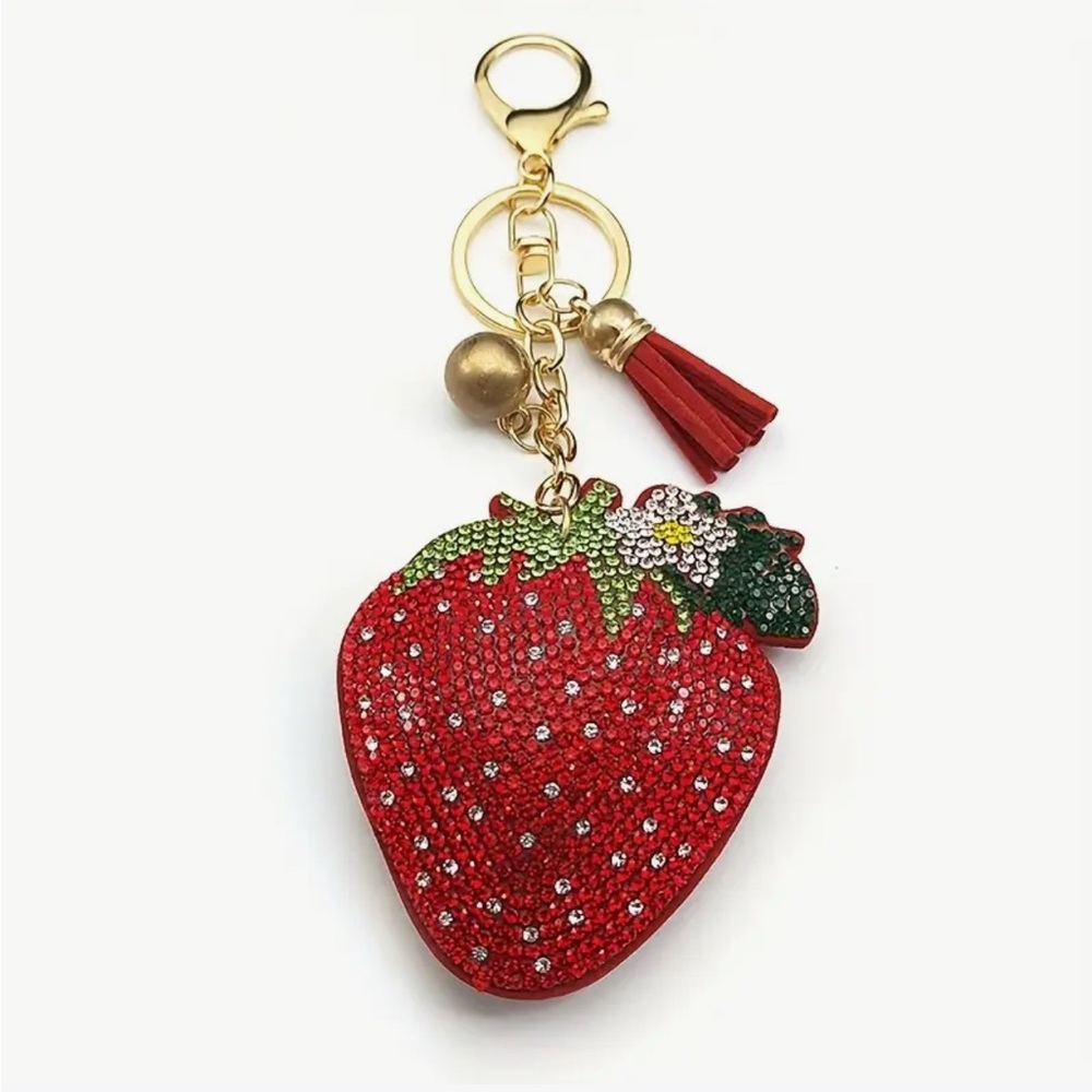 Sparkling Strawberry Keychain With Tassel & Gold Clip